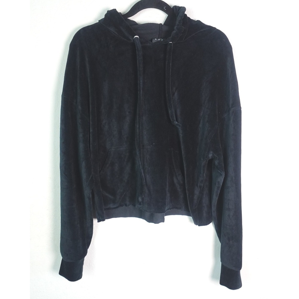 Project 28 NYC Hoodie Womens Large Black Corduroy Velour‎ Pullover Drawstring